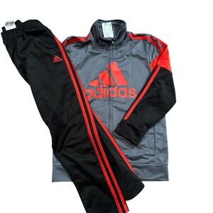 Adidas Gray and Black Tracksuit with Red Accents size 7